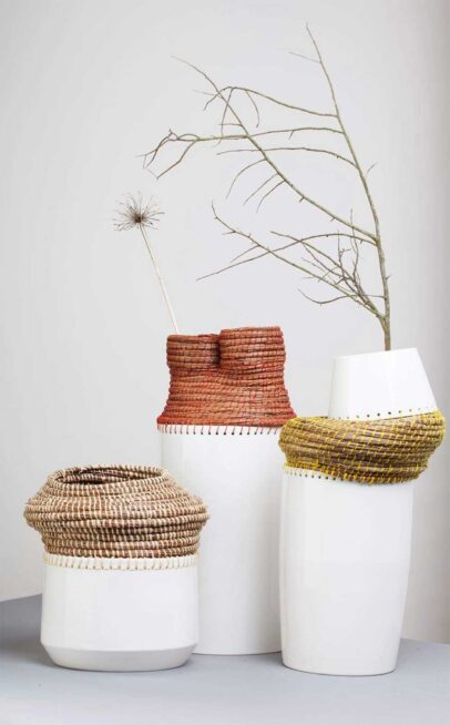 Caruma vessel blending Angolan basket weaving with traditional earthenware by product designer Eneida Tavares