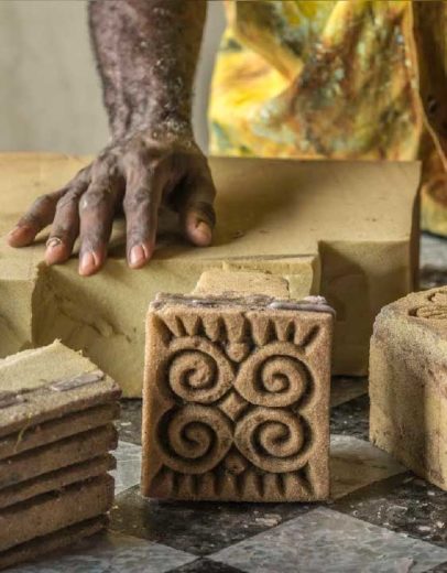 Handmade Batik In Ghana Carved stamp blocks
