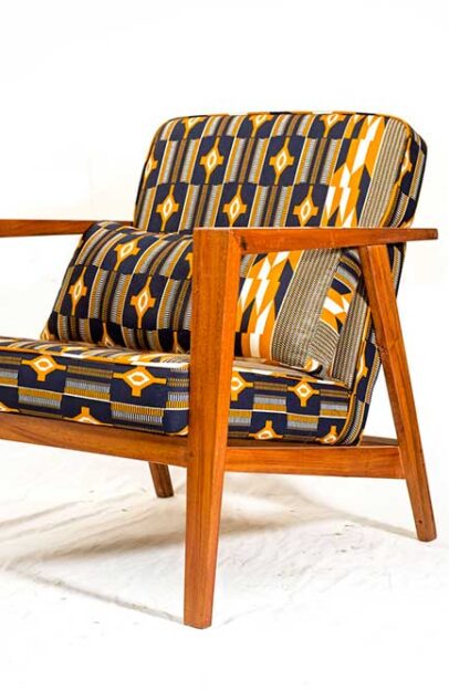 Workshop Nairobi Guernsey Arm Mid Century Modern Chair covered in African wax cloth